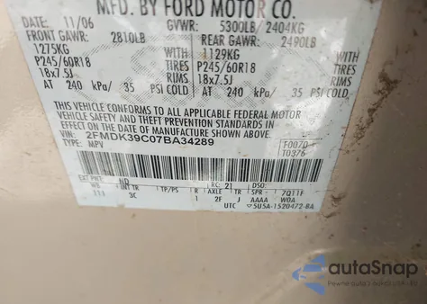 2007 Ford Edge Sel Plus из США, поврежденный, VIN 2FMDK39C07BA34289